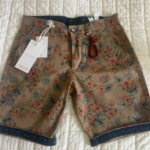 Cactus man Hawaii Floral Stretch Flat Front Shorts -Tan with Blue & Coral size30